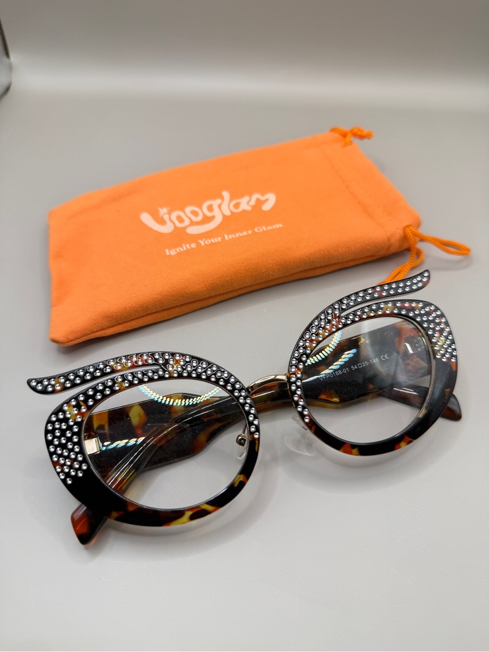 Vooglam Women's Tortoiseshell Crystal Accent Glasses-Brown, no prescription